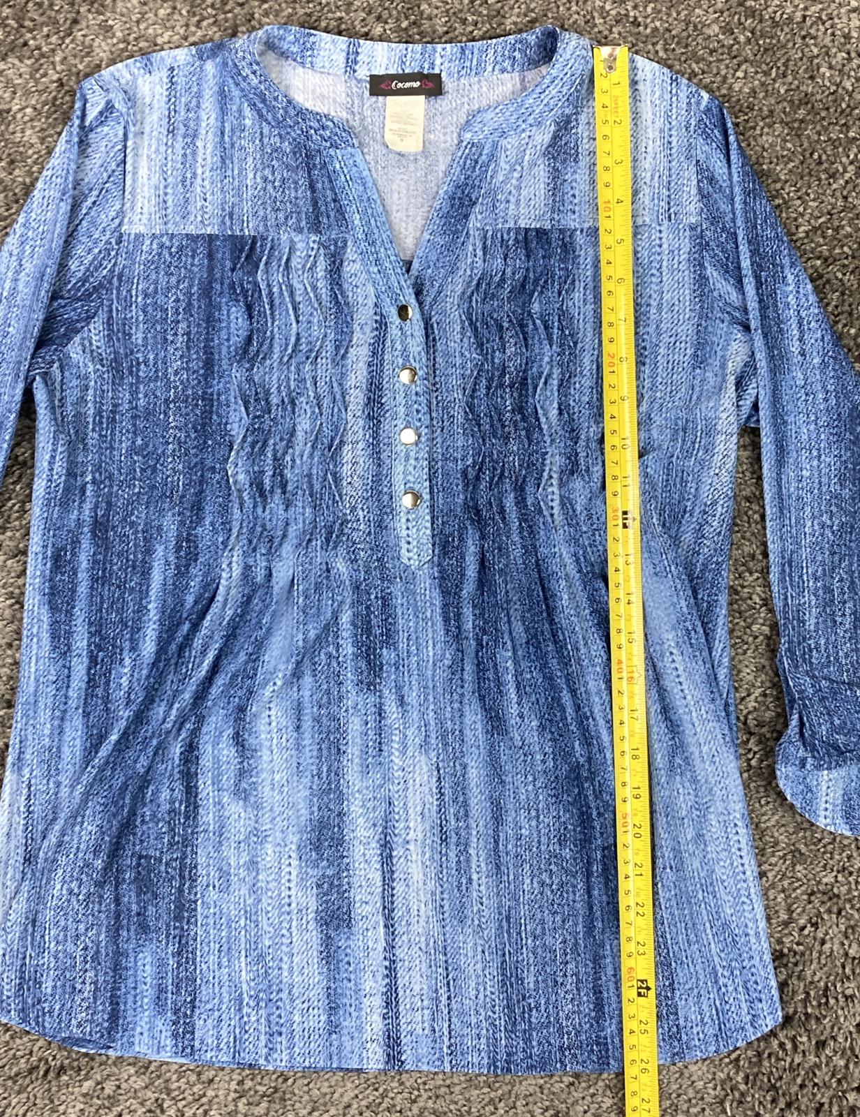 Cocomo Blue Denim Print Tunic Top Snap V-Neck Roll Tab Sleeve Sz M