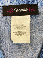 Cocomo Blue Denim Print Tunic Top Snap V-Neck Roll Tab Sleeve Sz M