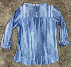 Cocomo Blue Denim Print Tunic Top Snap V-Neck Roll Tab Sleeve Sz M