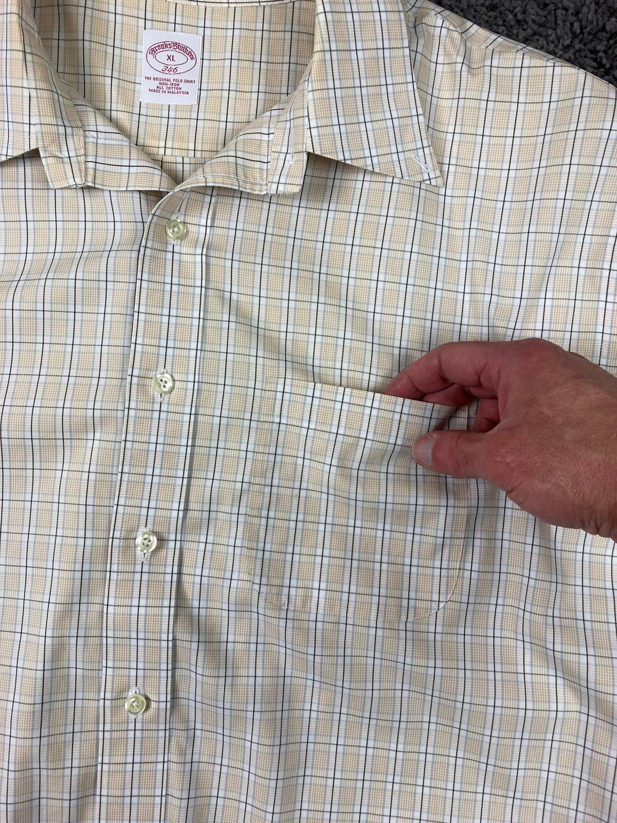 Brooks Brothers 346 Plaid Dress Shirt Beige Blue White Non Iron Sz XL