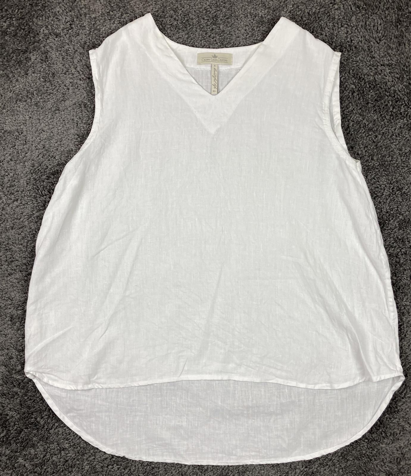 Crown Linen Designs 100% Linen White Sleeveless V-neck Tunic Top XL