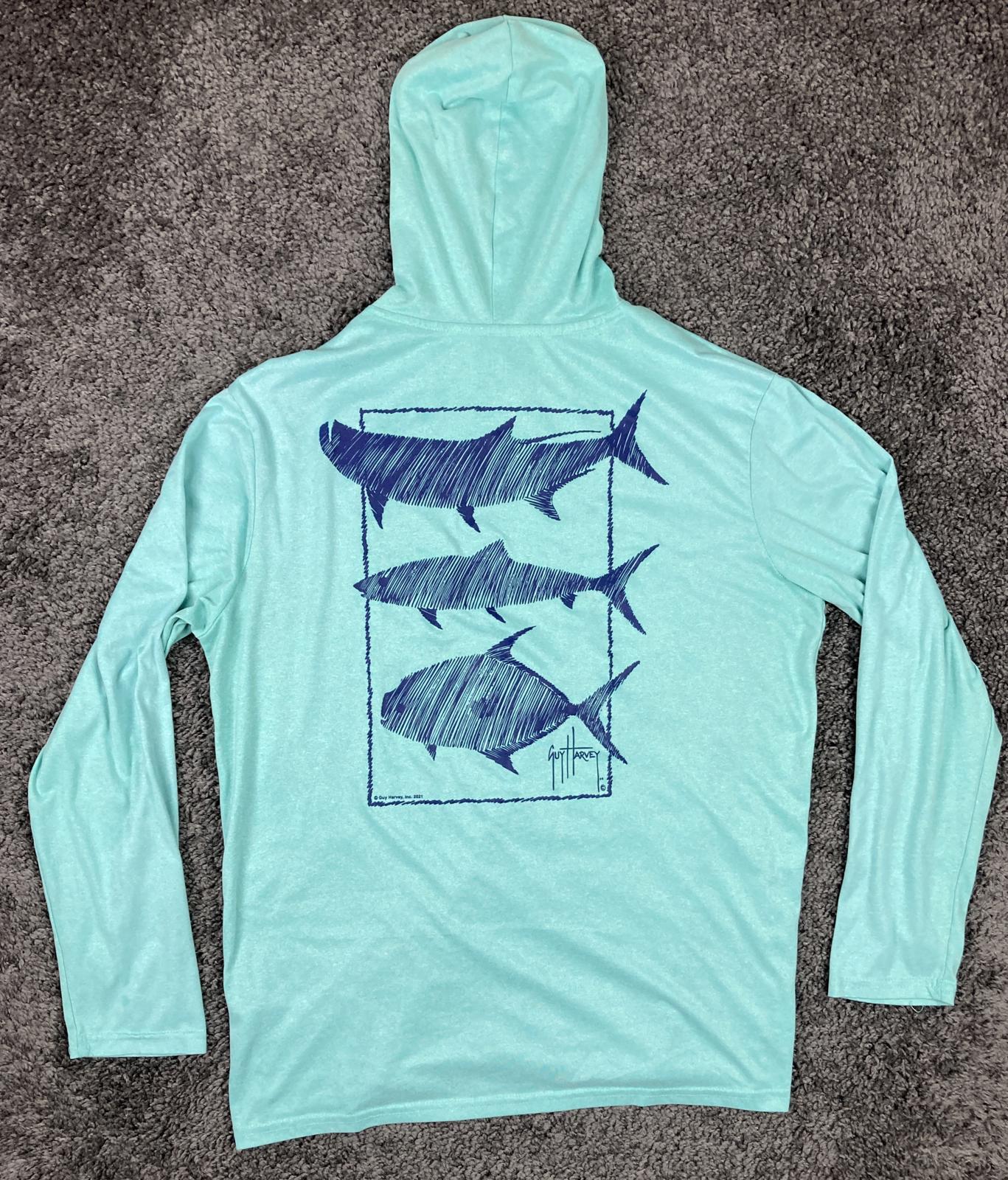 Guy Harvey Keys Slam Scribble Fish Hoodie Long Sleeve Pocket T-Shirt Aqua Sz M