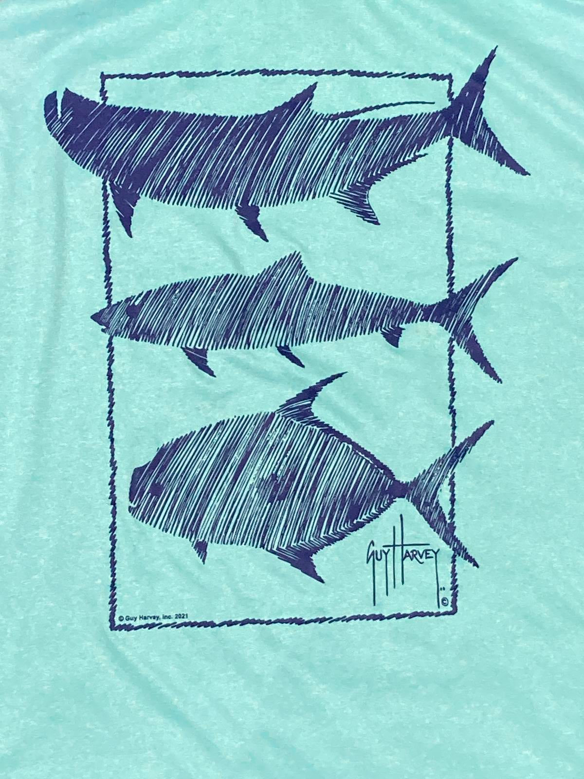 Guy Harvey Keys Slam Scribble Fish Hoodie Long Sleeve Pocket T-Shirt Aqua Sz M