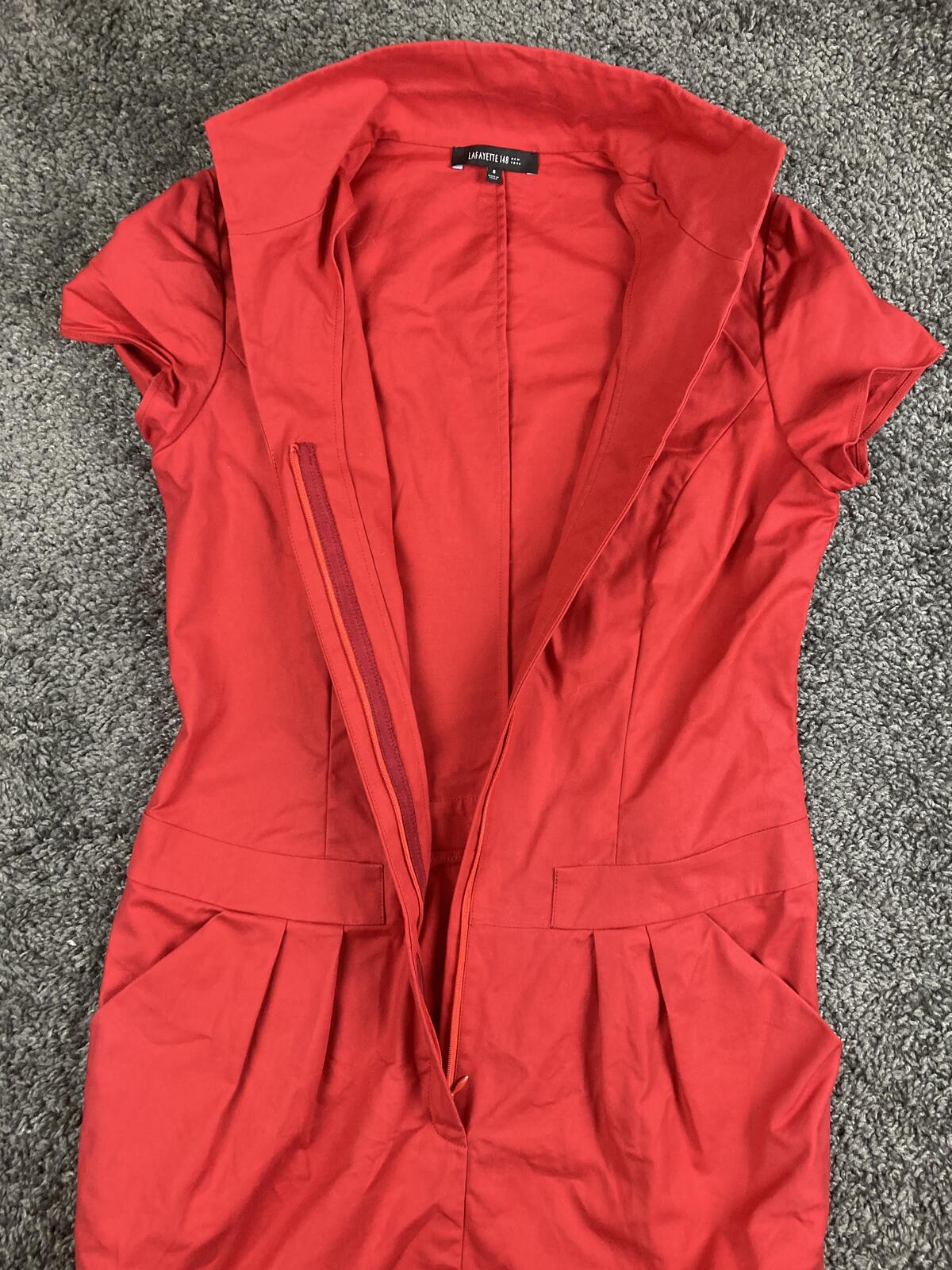 Lafayette 148 New York Red High Neck Zip Front Pocket Sheath Dress Cotton Sz 8