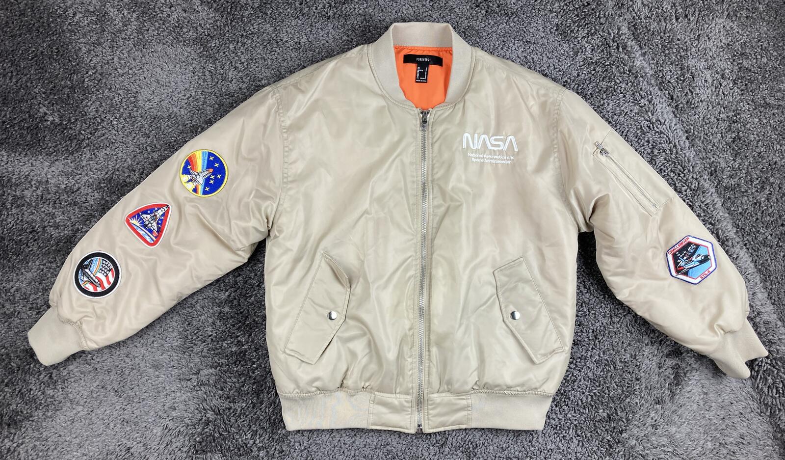 Forever 21 NASA Bomber Jacket Tan Beige Flight Space Patch Coat Unisex Sz Small