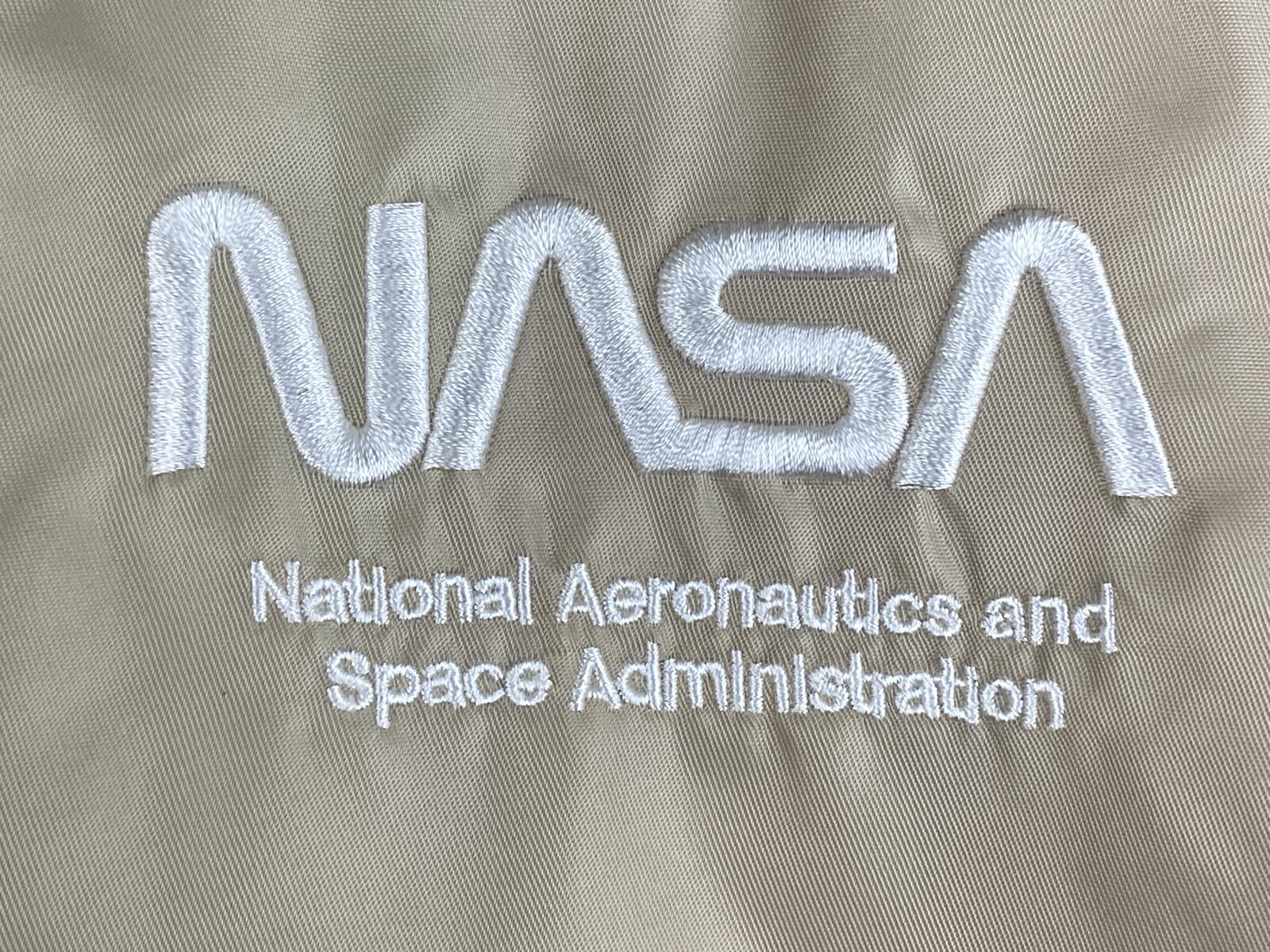 Forever 21 NASA Bomber Jacket Tan Beige Flight Space Patch Coat Unisex Sz Small