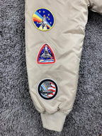 Forever 21 NASA Bomber Jacket Tan Beige Flight Space Patch Coat Unisex Sz Small