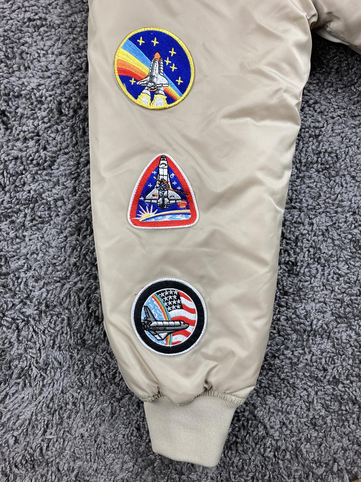 Forever 21 NASA Bomber Jacket Tan Beige Flight Space Patch Coat Unisex Sz Small