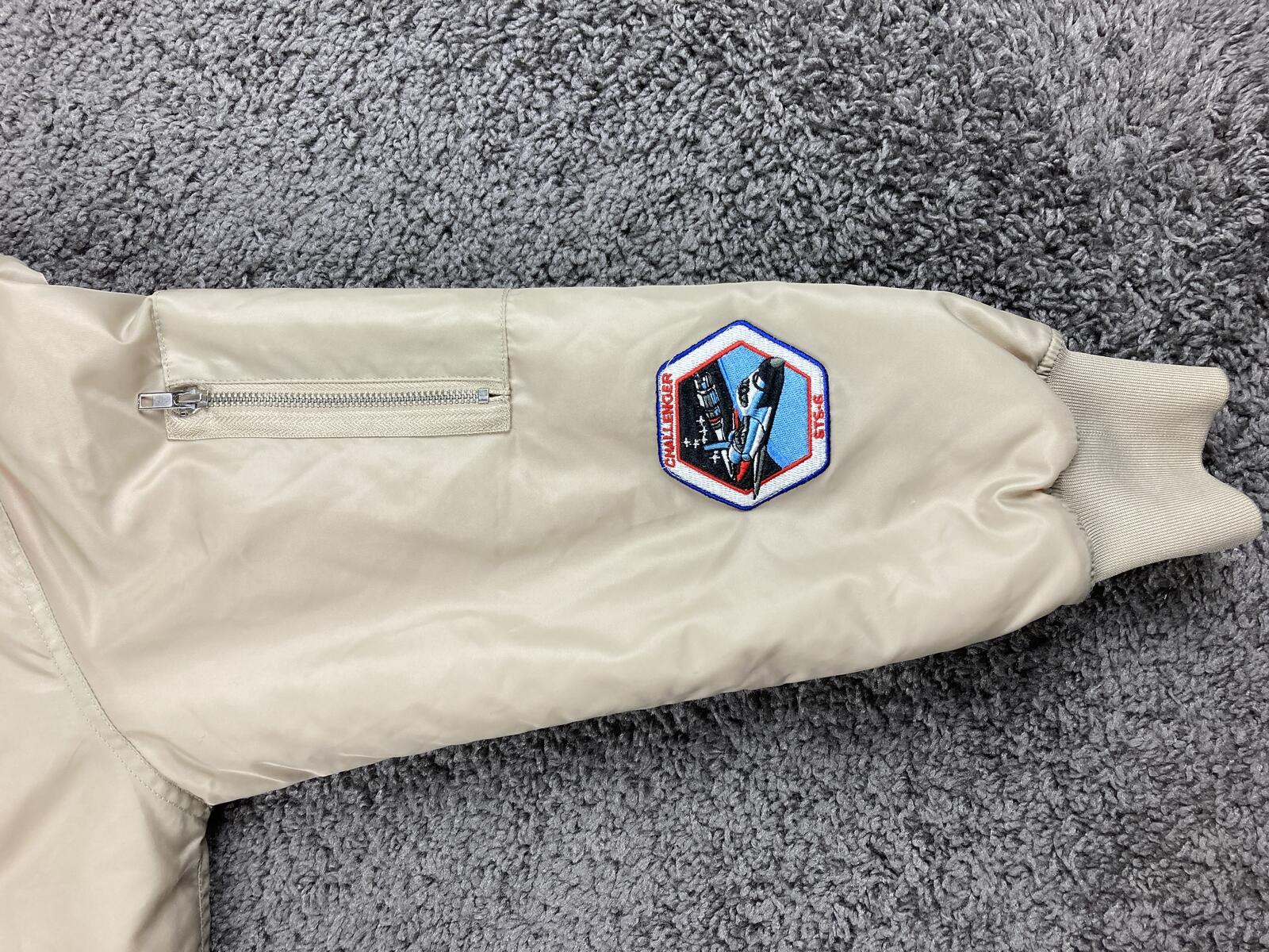 Forever 21 NASA Bomber Jacket Tan Beige Flight Space Patch Coat Unisex Sz Small