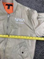 Forever 21 NASA Bomber Jacket Tan Beige Flight Space Patch Coat Unisex Sz Small