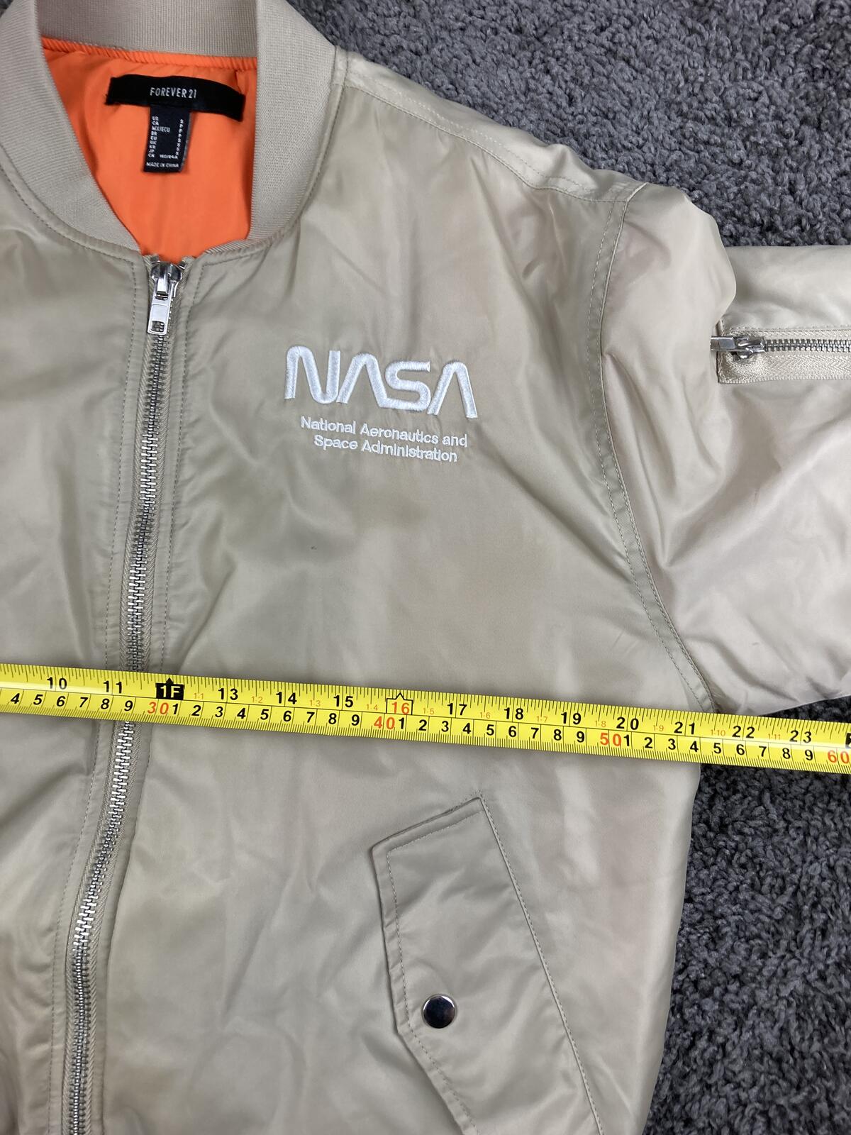 Forever 21 NASA Bomber Jacket Tan Beige Flight Space Patch Coat Unisex Sz Small