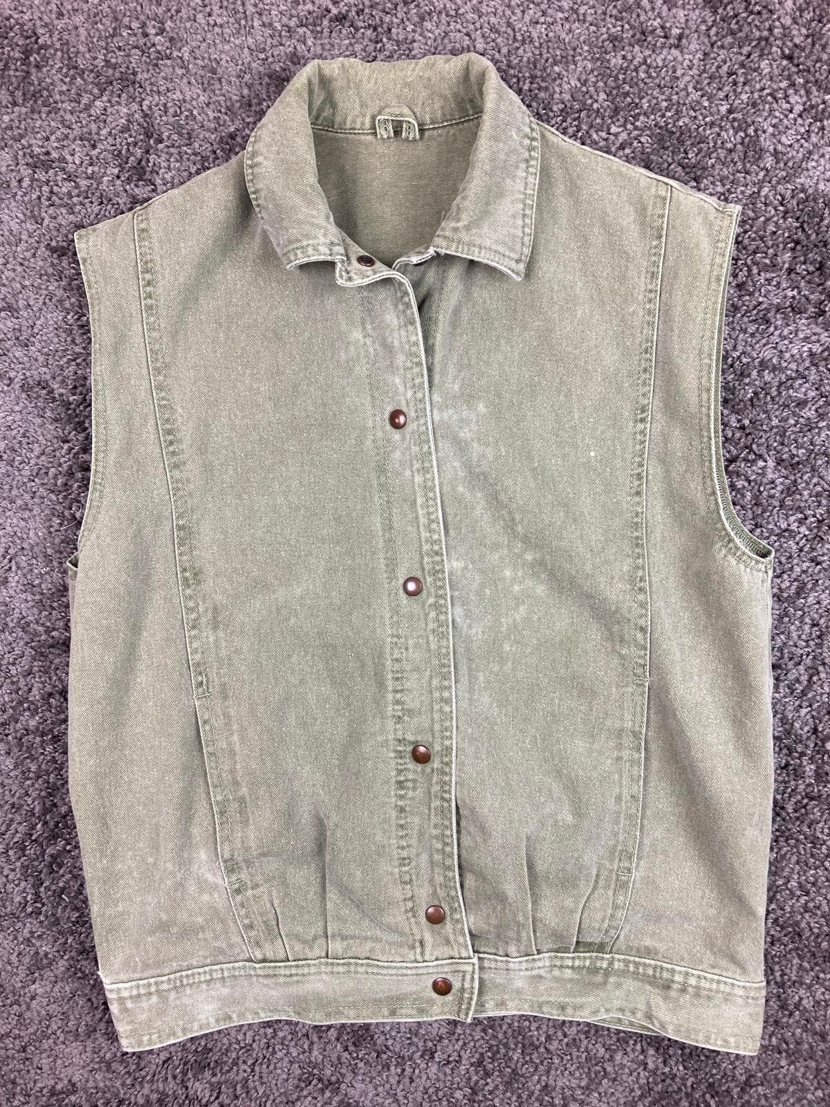 St Michael Vintage Denim Vest Sage Green Snap Front Collared UK 8 100% Cotton