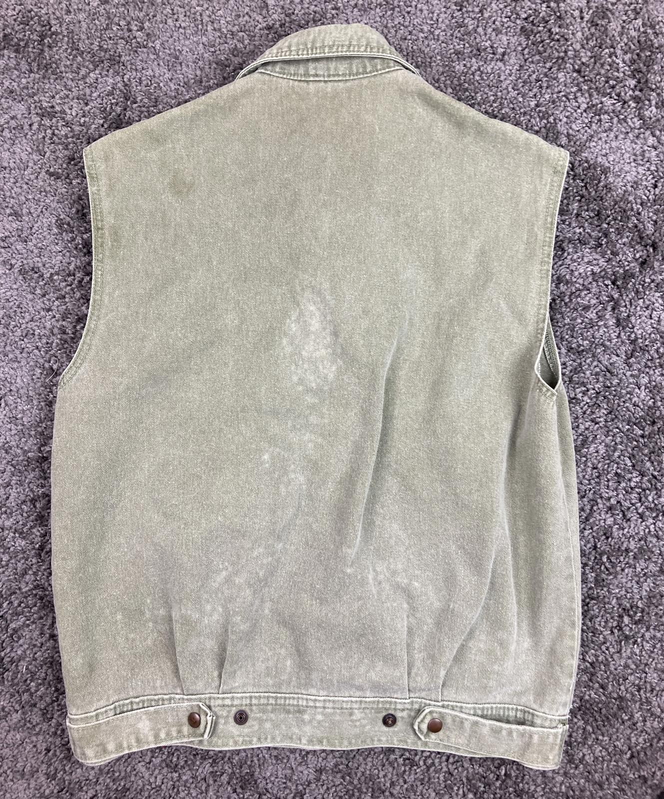 St Michael Vintage Denim Vest Sage Green Snap Front Collared UK 8 100% Cotton