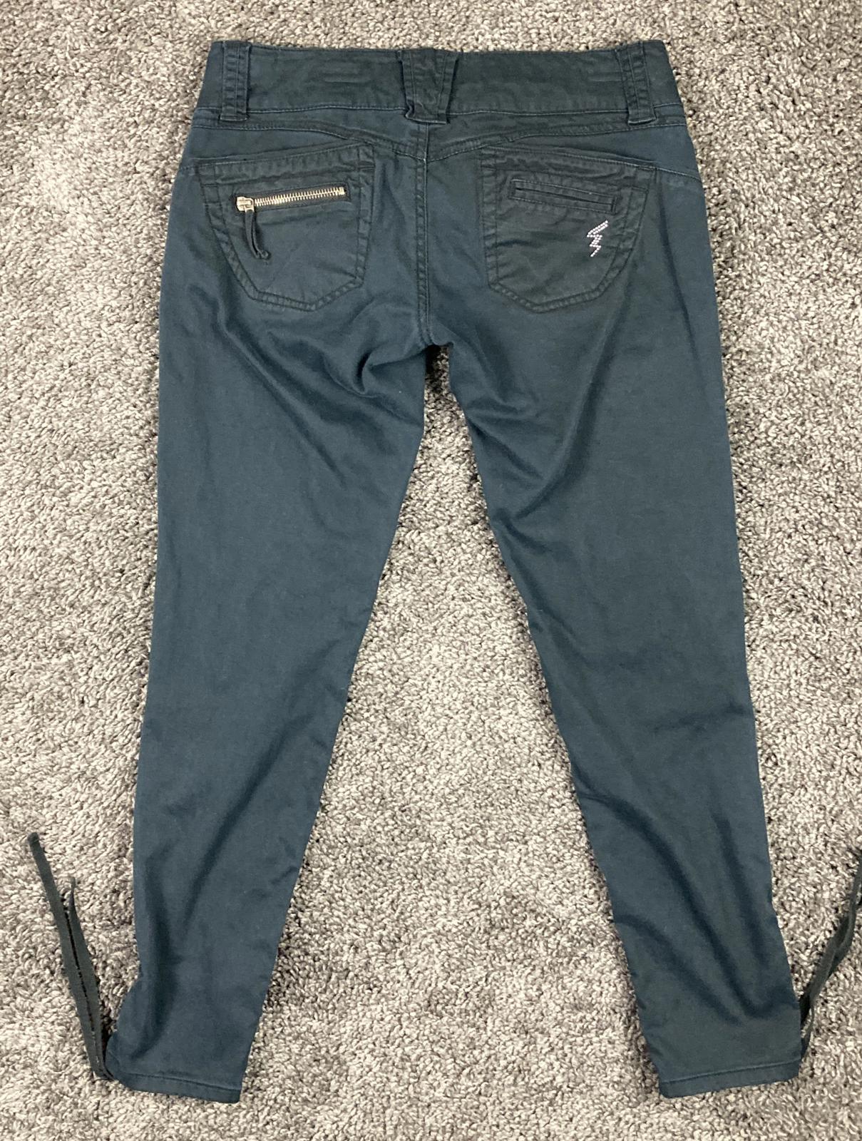 Vntg Jolt Y2K Cargo Pants Black Rhinestone Bling Bolt Drawstring Hem Size 29x28