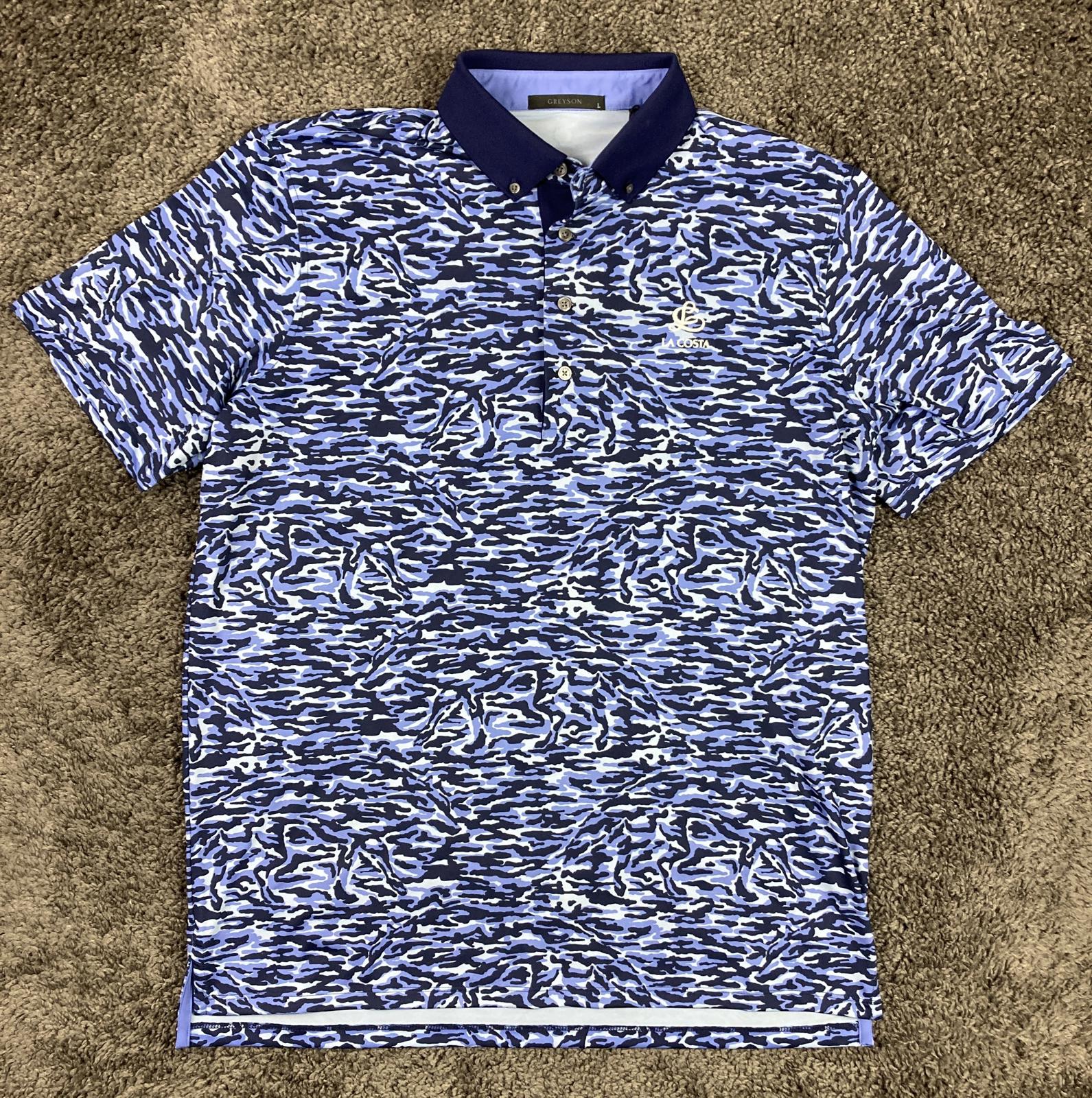 Greyson Polo Shirt La Costa Logo Mens Size L Wolf Blue Camo NWT