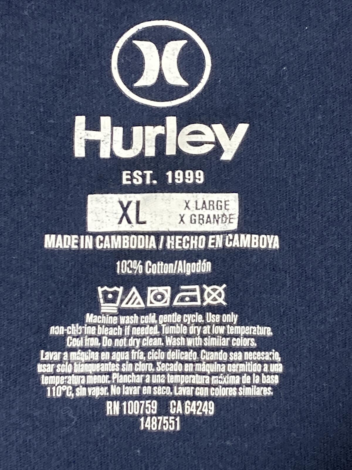Hurley T Shirt Mens Blue Icon Slash Tee Short Sleeve Skate Surf Crew Neck Sz XL