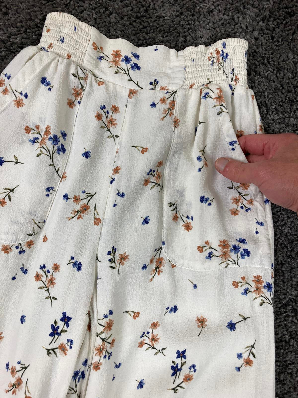 American Eagle Palazzo Pants Pull Up Ivory Floral Elastic Waist Womens Sz XS