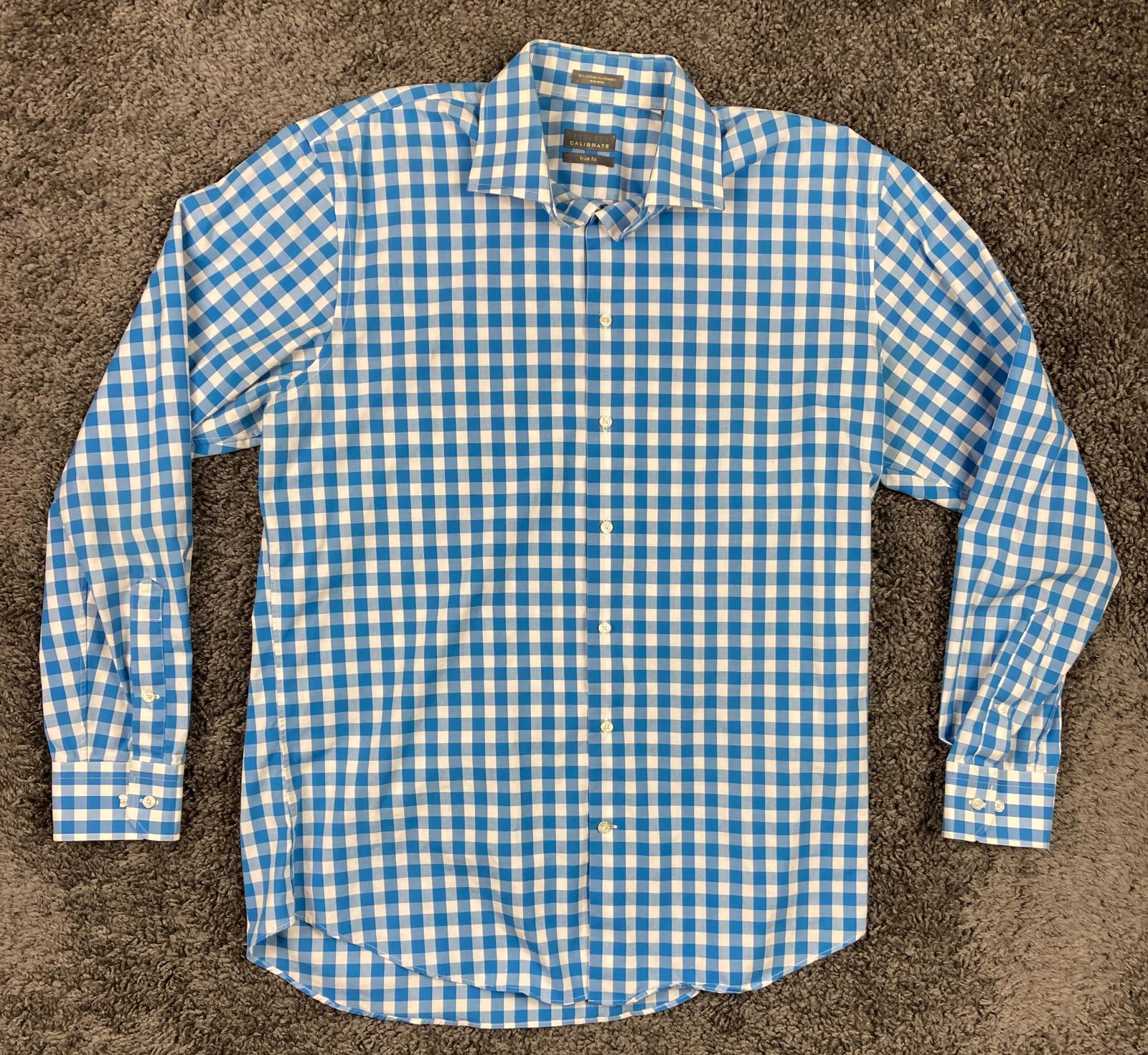 Calibrate Trim Fit Button Down Shirt Blue White Gingham Stretch Men's Size L