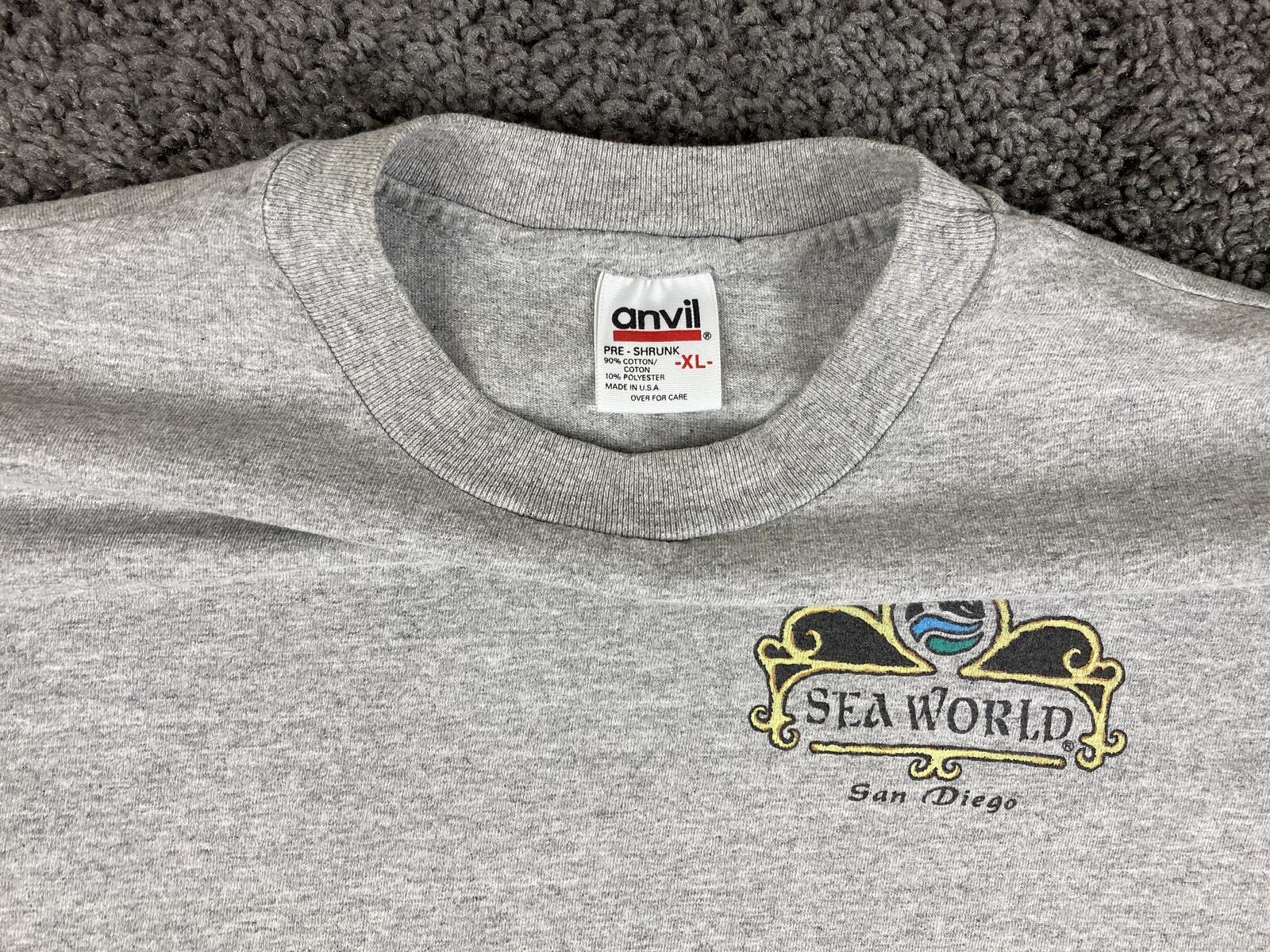 Vintage SeaWorld San Diego Shamu T Shirt Gray 90s Orca Whale Anvil USA Made XL