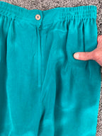 Papell Too Silk Pants Wide Leg Women’s Teal Elastic Waist Size 12