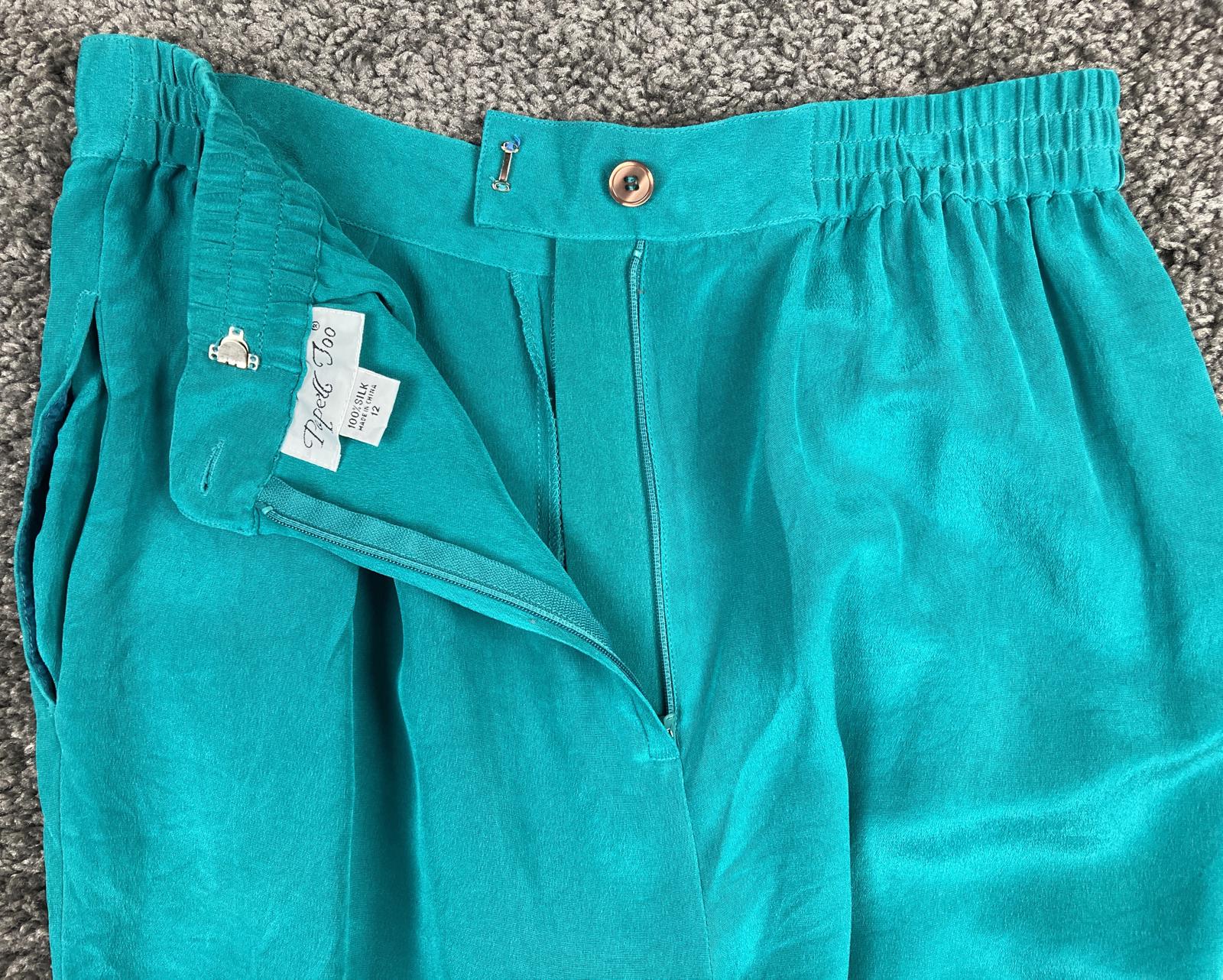 Papell Too Silk Pants Wide Leg Women’s Teal Elastic Waist Size 12