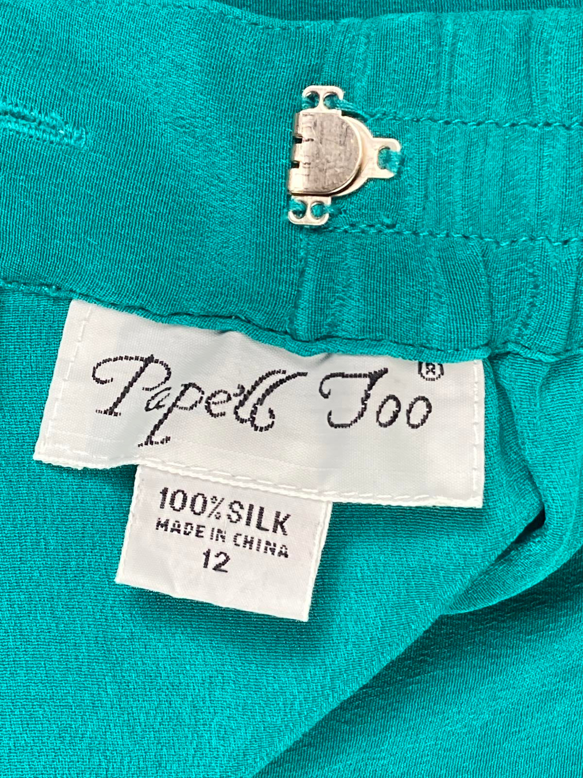 Papell Too Silk Pants Wide Leg Women’s Teal Elastic Waist Size 12