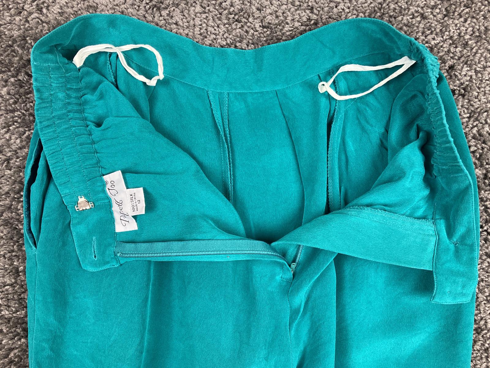 Papell Too Silk Pants Wide Leg Women’s Teal Elastic Waist Size 12