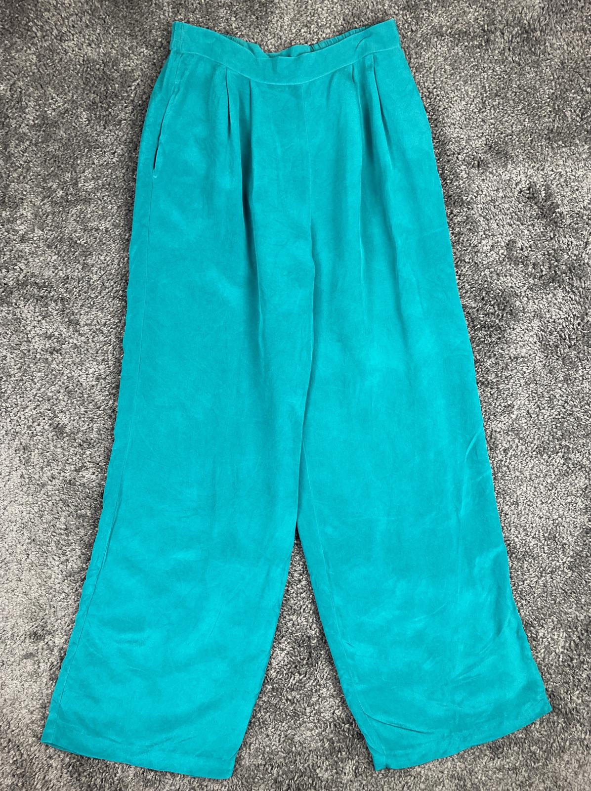 Papell Too Silk Pants Wide Leg Women’s Teal Elastic Waist Size 12