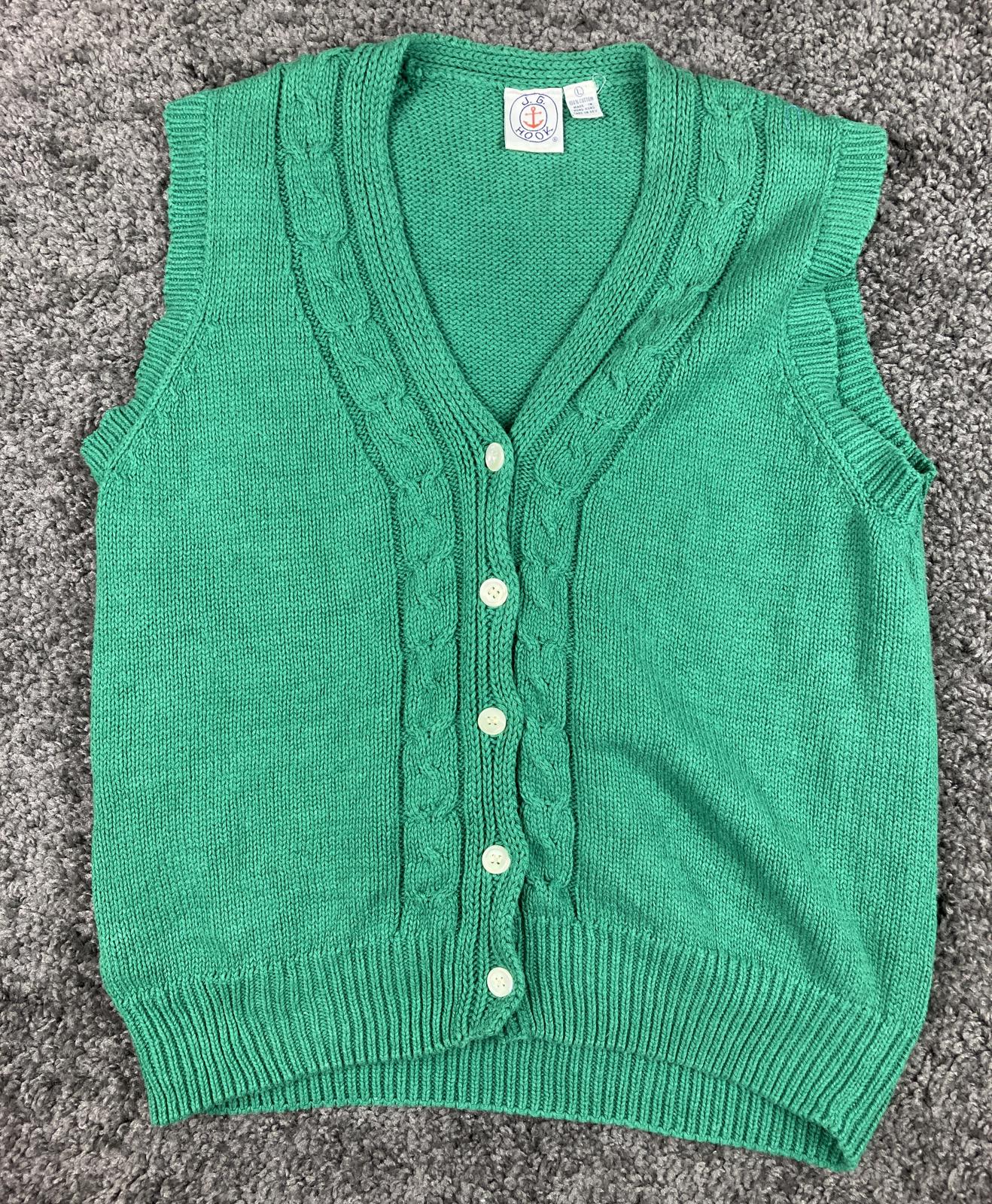 Vintage J.G. Hook 100% Cotton Cable Knit Button Sweater Vest Green Sz Large