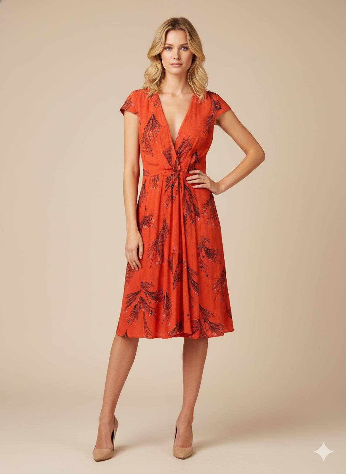 Free People Dress Bright Orange Floral Cap Sleeve Knee Length  Size 2 Lined