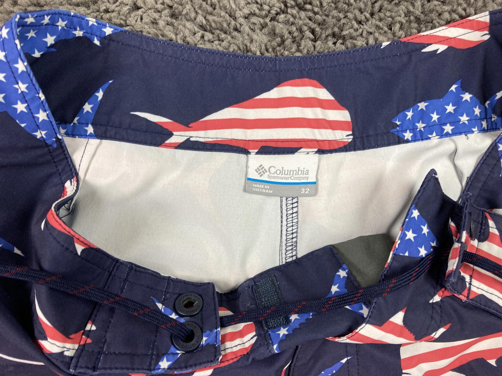 Columbia PFG Men's Fishing Board Shorts American Flag Fish Bottle Opener Sz 32