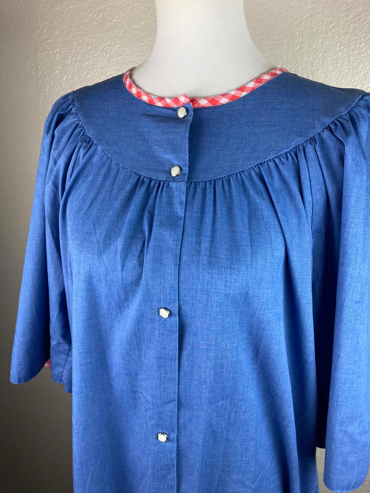 Hedy Lin Casuals Vintage Dress Pearl Snap Button, Blue Chambray Gingham Size L