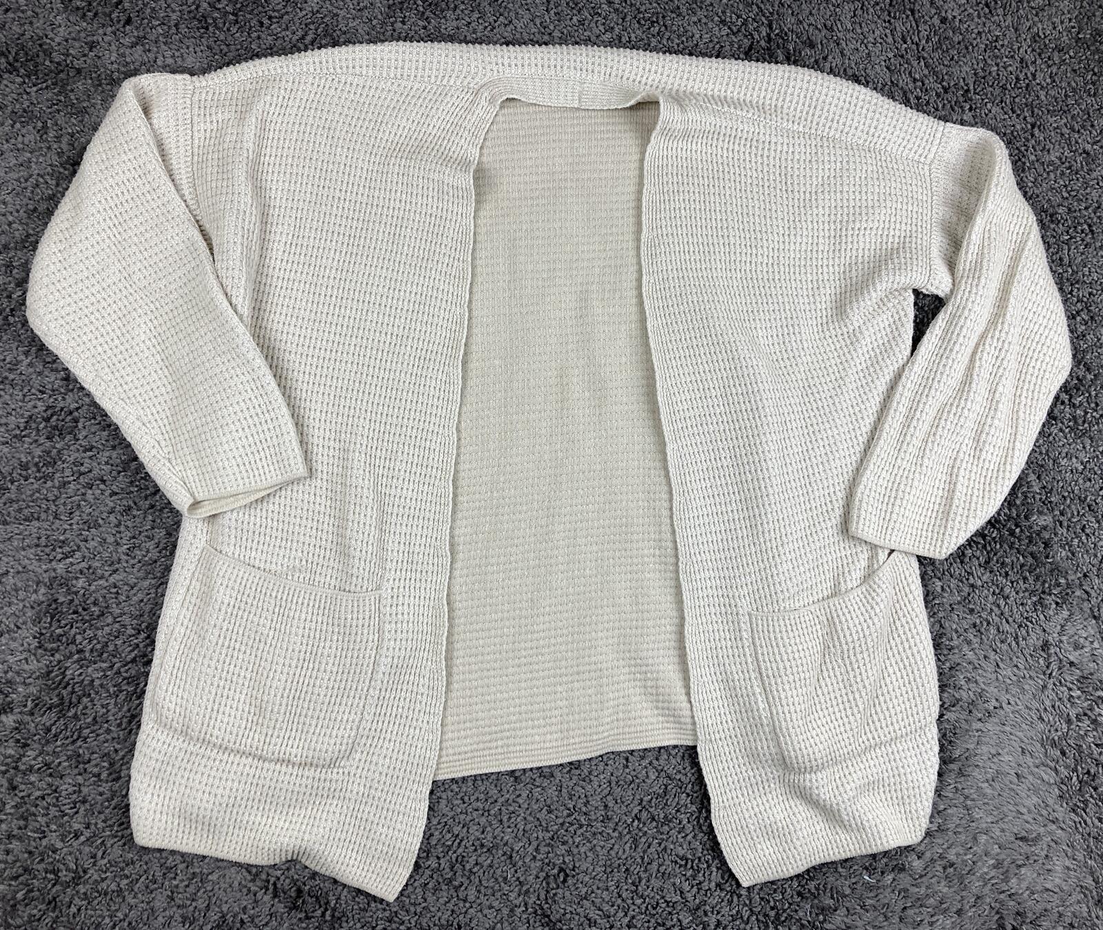 Eileen Fisher Open Front Cardigan Sweater Ivory Organic Cotton Waffle Knit Sz M