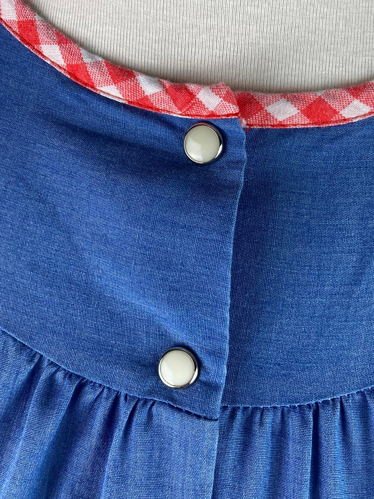 Hedy Lin Casuals Vintage Dress Pearl Snap Button, Blue Chambray Gingham Size L