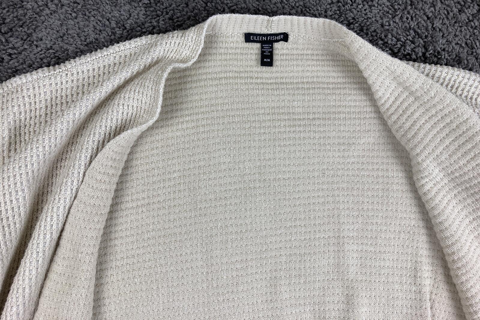 Eileen Fisher Open Front Cardigan Sweater Ivory Organic Cotton Waffle Knit Sz M