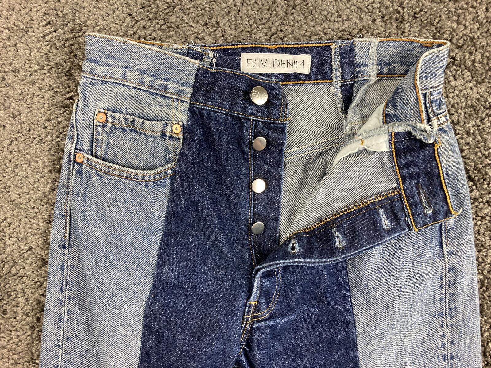 E.L.V. Denim The Twin Straight Jeans Women's Two-Tone Blue Raw Hem Sz 27