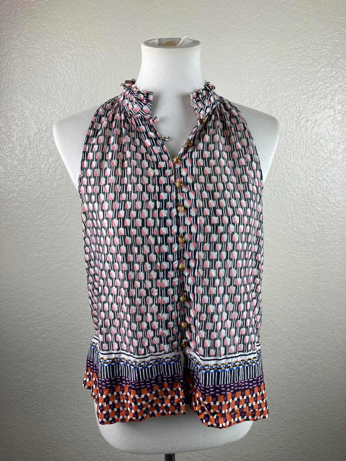 Maeve Anthropologie Sleeveless Ruffle Neck Blouse Women’s Sz S Geometric Cotton
