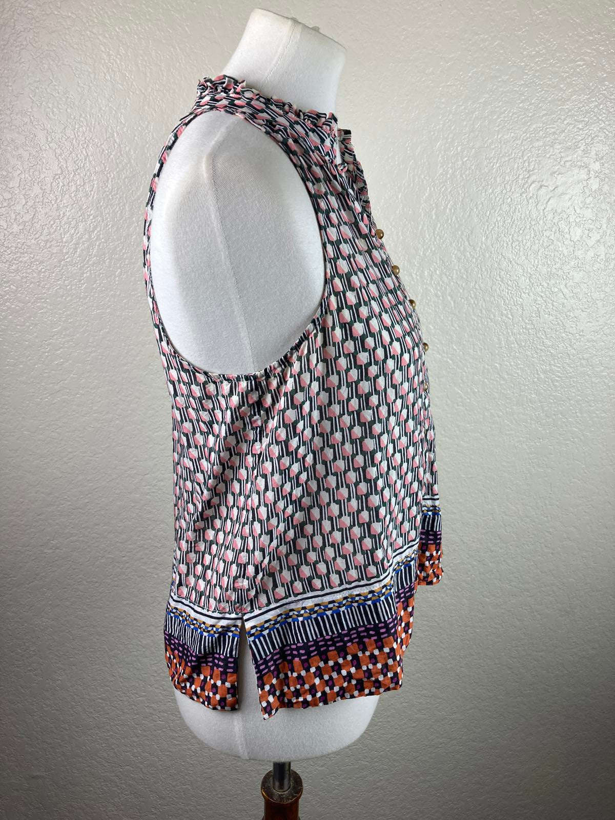 Maeve Anthropologie Sleeveless Ruffle Neck Blouse Women’s Sz S Geometric Cotton