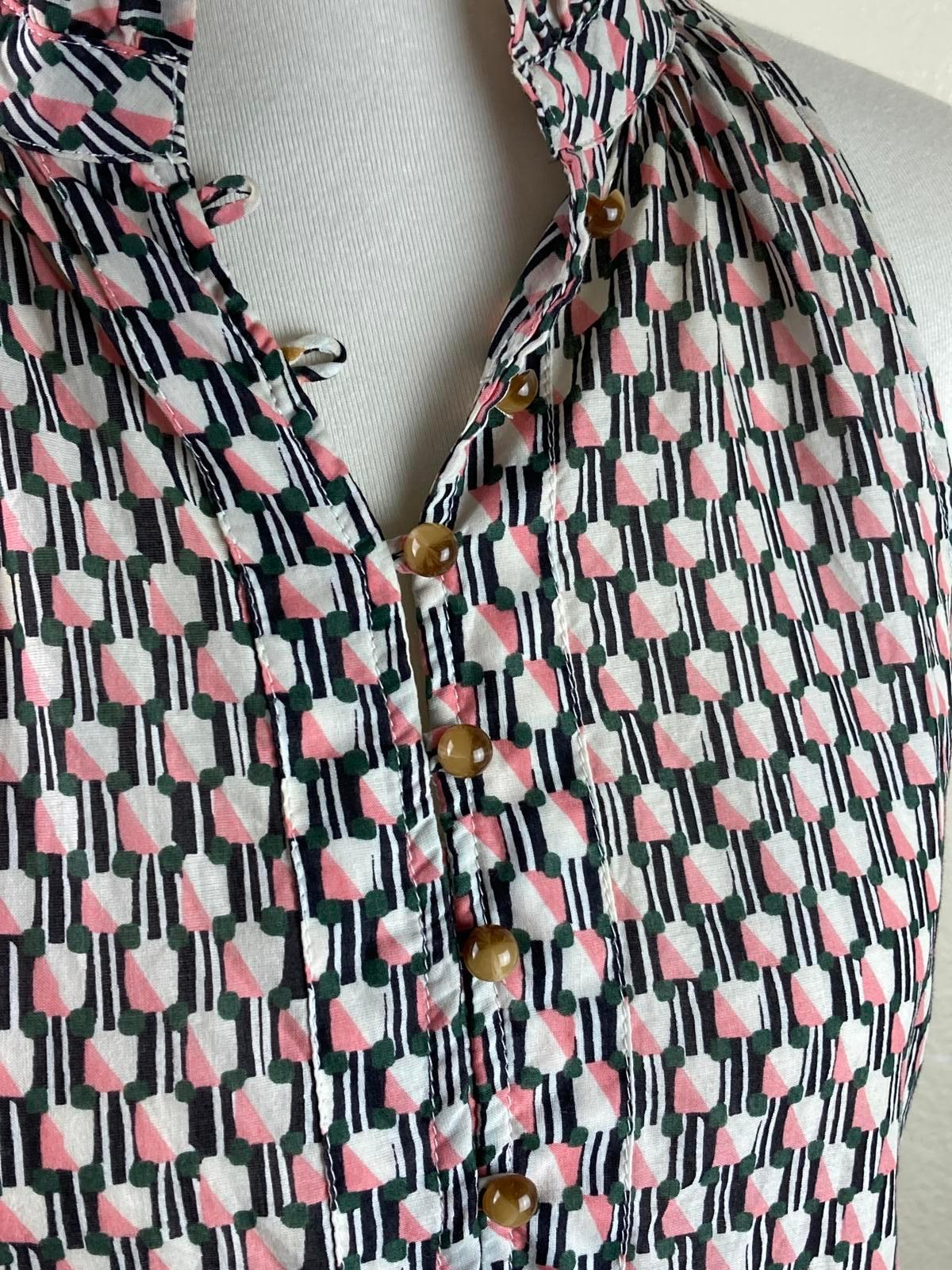 Maeve Anthropologie Sleeveless Ruffle Neck Blouse Women’s Sz S Geometric Cotton