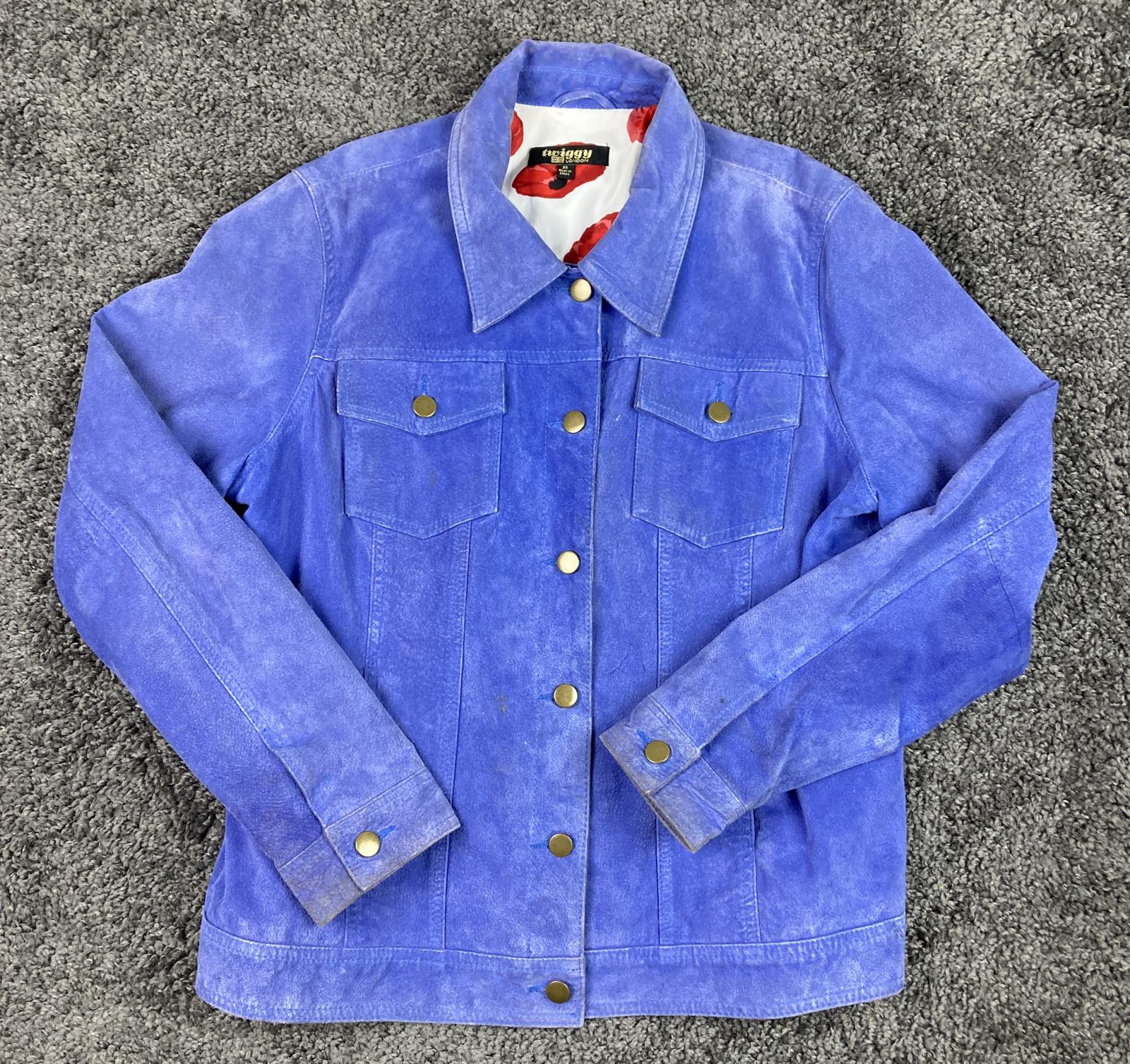 Twiggy London Suede Trucker Jacket Women XL Cobalt Blue Poppy-Lined Button Front