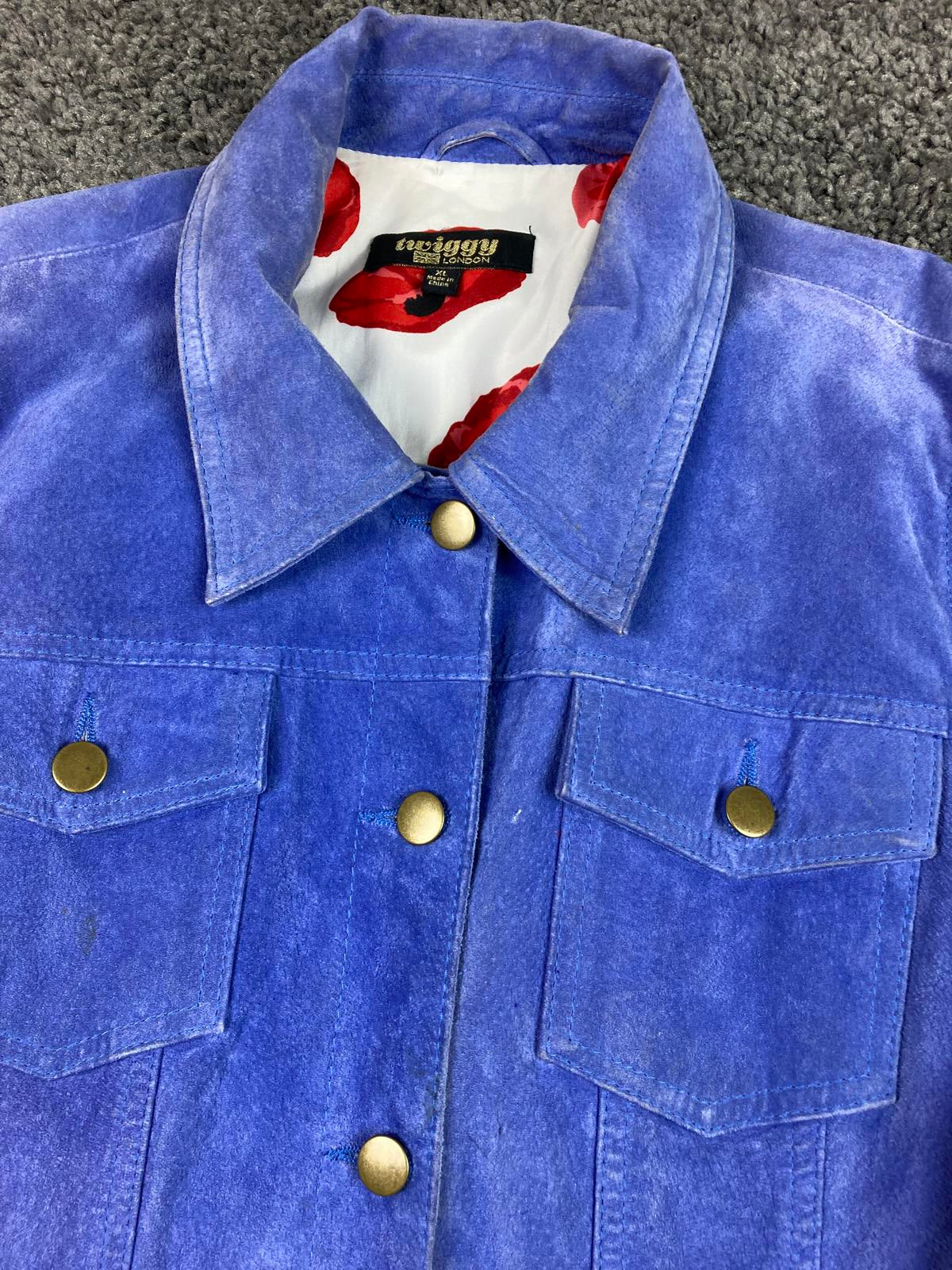 Twiggy London Suede Trucker Jacket Women XL Cobalt Blue Poppy-Lined Button Front