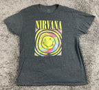 Nirvana T Shirt Men Grey Tie Dye Smiley Face Graphic Rock Band Grunge Tee Sz 2XL