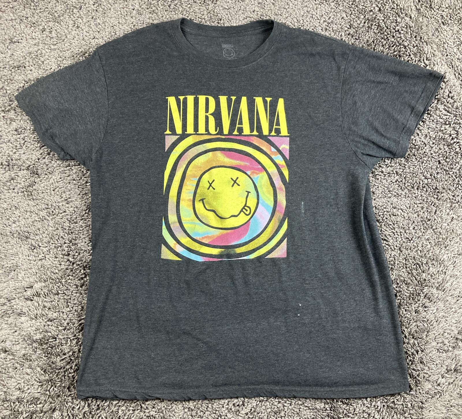 Nirvana T Shirt Men Grey Tie Dye Smiley Face Graphic Rock Band Grunge Tee Sz 2XL