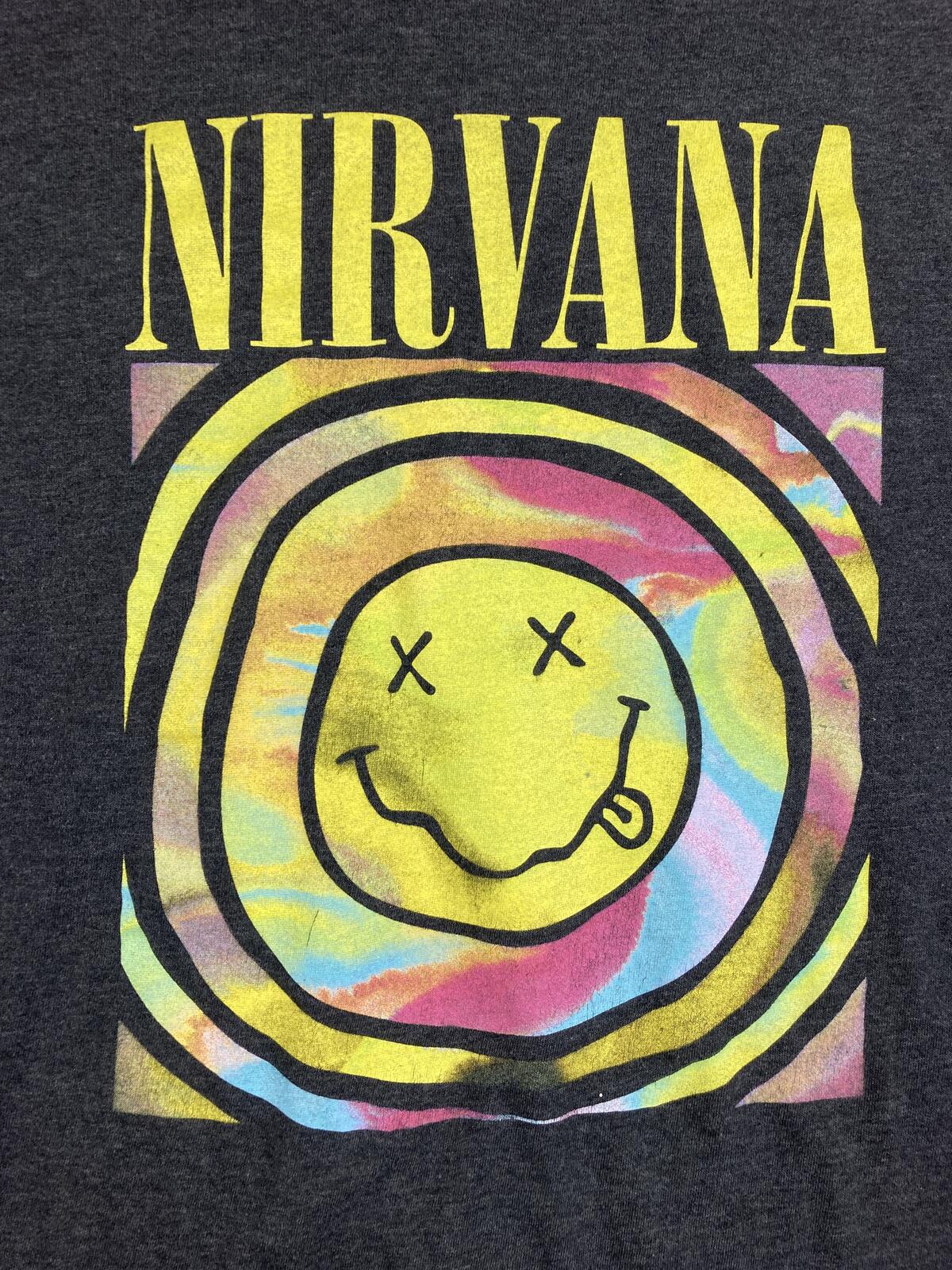 Nirvana T Shirt Men Grey Tie Dye Smiley Face Graphic Rock Band Grunge Tee Sz 2XL