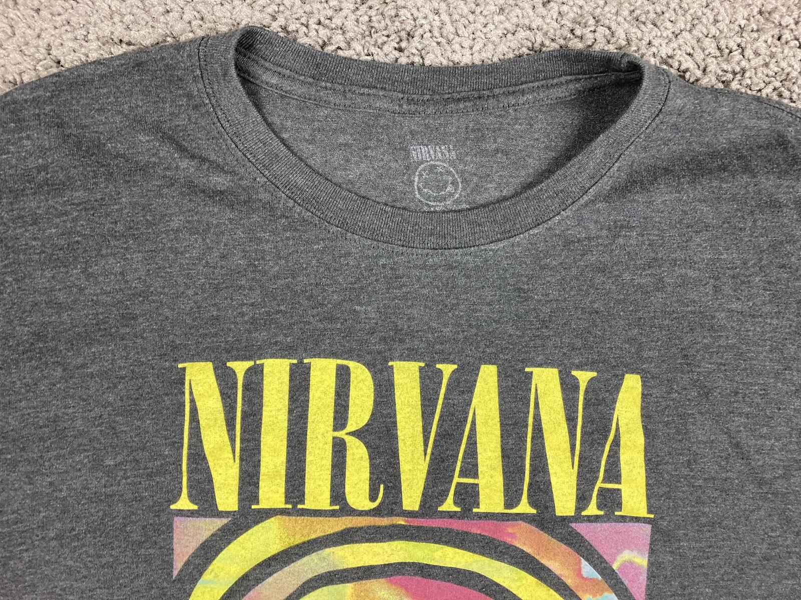 Nirvana T Shirt Men Grey Tie Dye Smiley Face Graphic Rock Band Grunge Tee Sz 2XL
