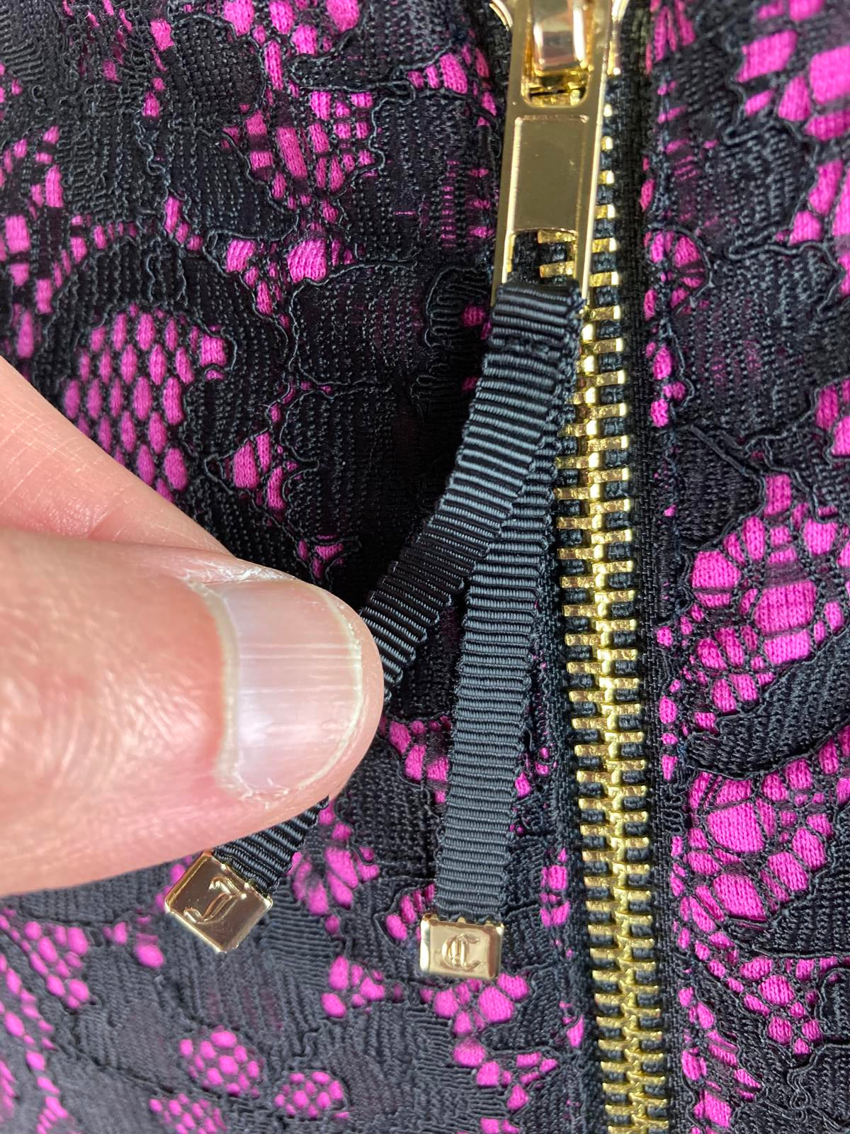 Juicy Couture Stretch knit Tulip retro Dress sz 6 Hot Pink Black Lace scoop neck