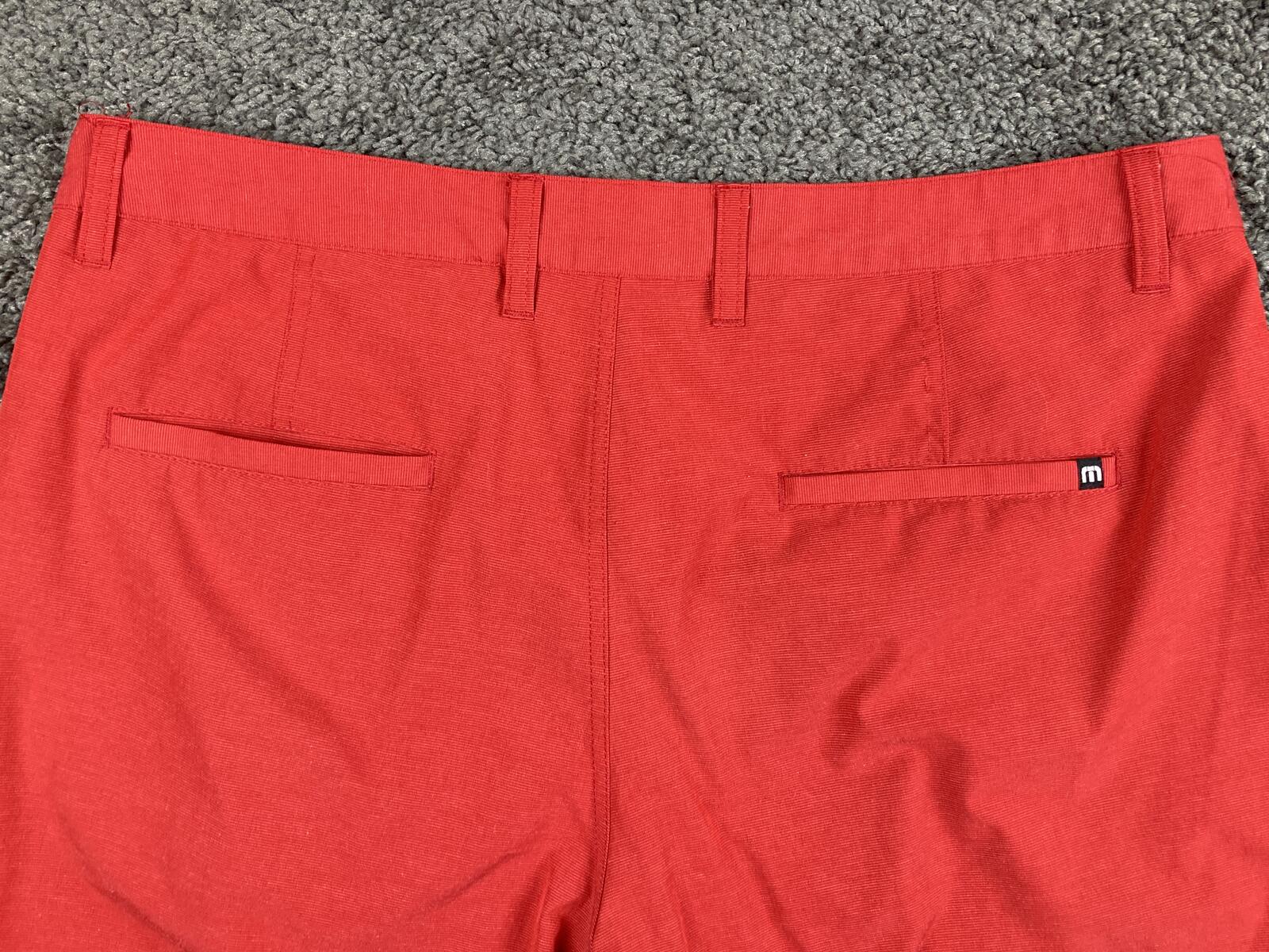 TravisMathew Mens Golf Shorts 36 Red Proceed With Caution Stretch Performance