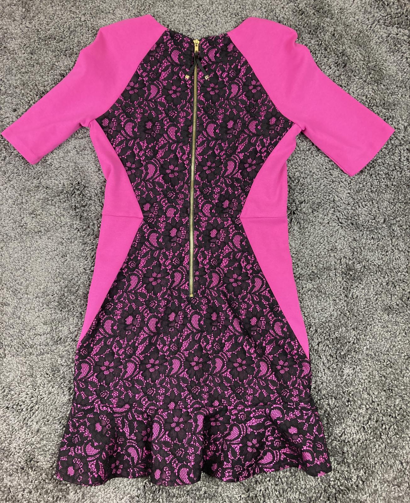 Juicy Couture Stretch knit Tulip retro Dress sz 6 Hot Pink Black Lace scoop neck