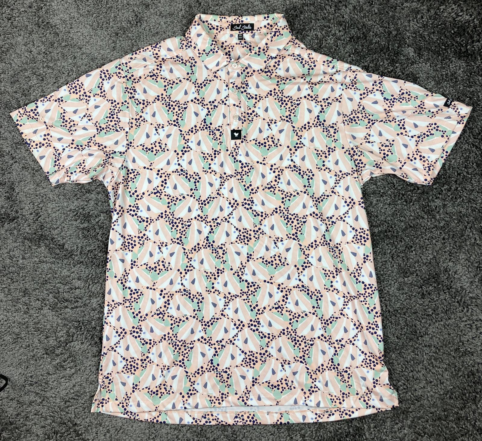 Bad Birdie Golf Polo Shirt Men’s Size 2XL Peach Fish Print Short Sleeve Stretch