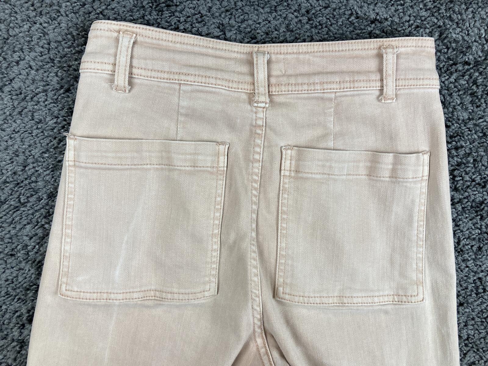 OAT New York Wide Leg Pants Womens Beige High Rise Raw Hem Stretch Denim Sz 26